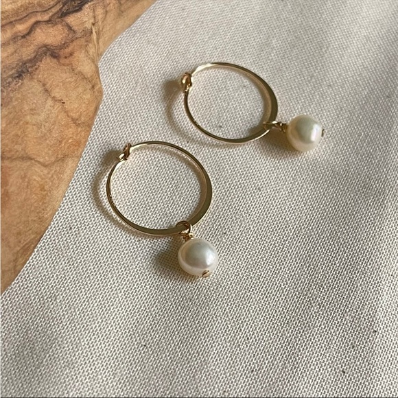 14K Gold Filled Tarnish Resistant Pearl Half Flat Wire Hoop Earrings - Picture 6 of 6